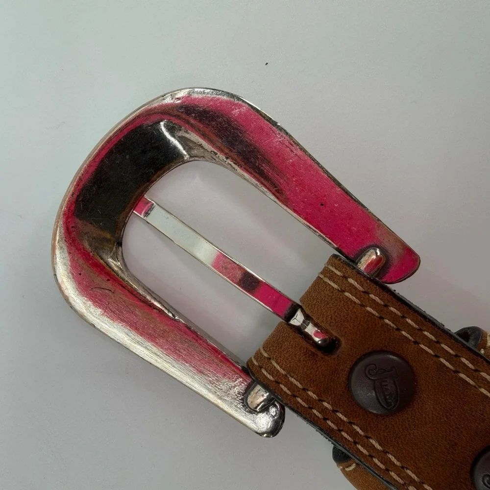Vtg Justin Belt Mens 36 Brown Leather Silver Tone Buckle Concho Western Cowboy